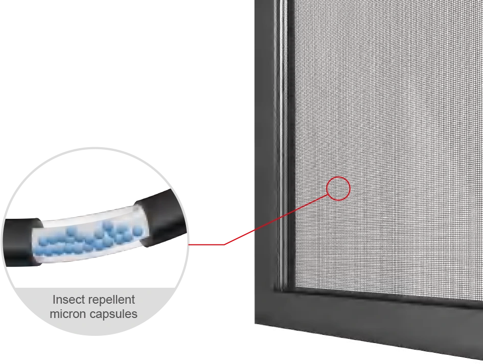 Closeup of fly screens with insect repellent micron capsules.