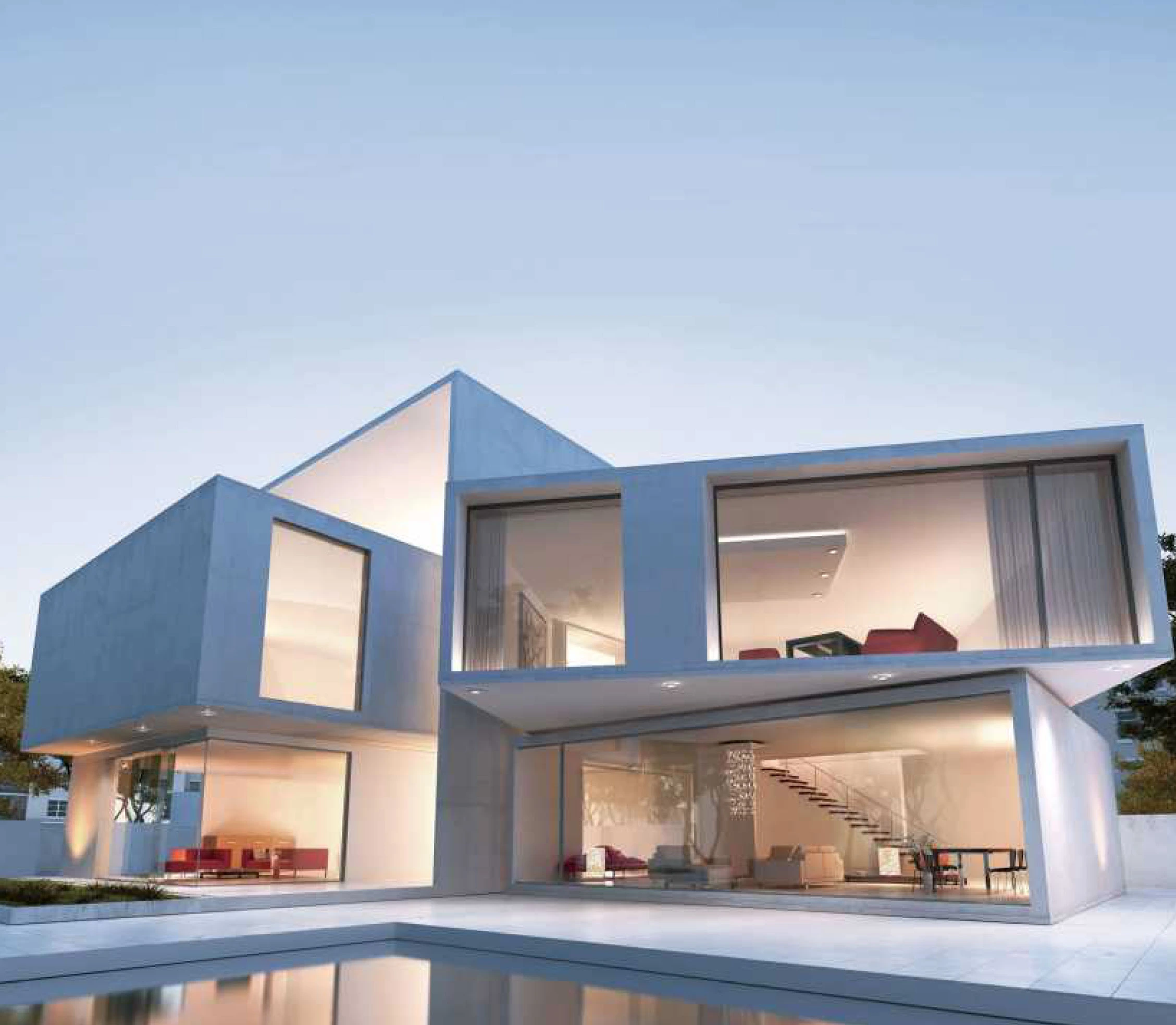 View of mansion with a pool.