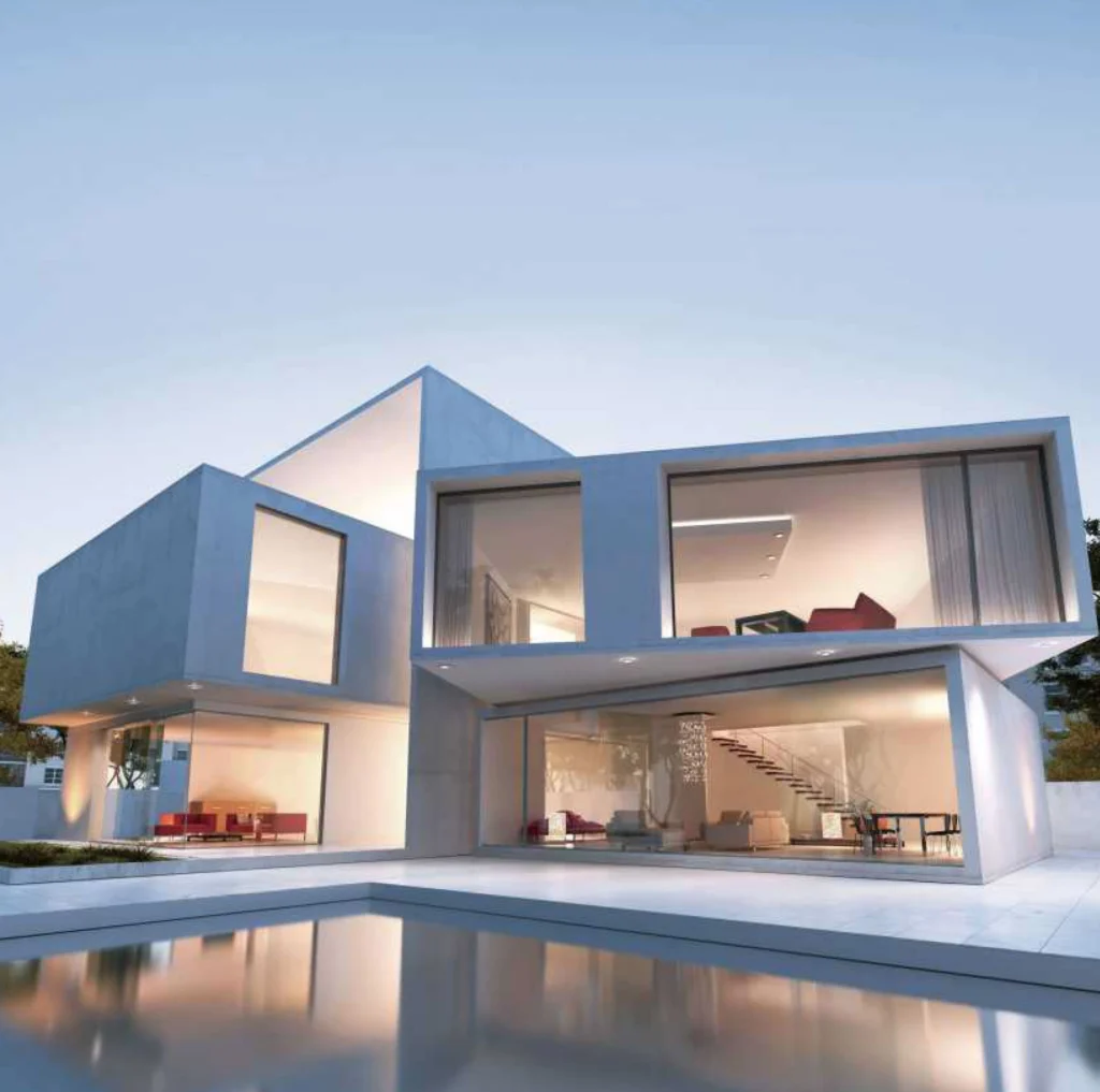 View of mansion with a pool.