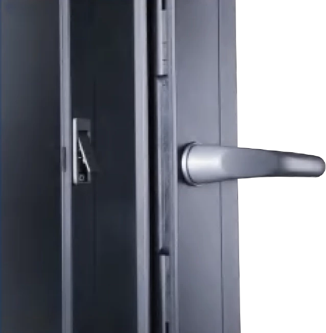 Closeup of an aluminium door with handle.